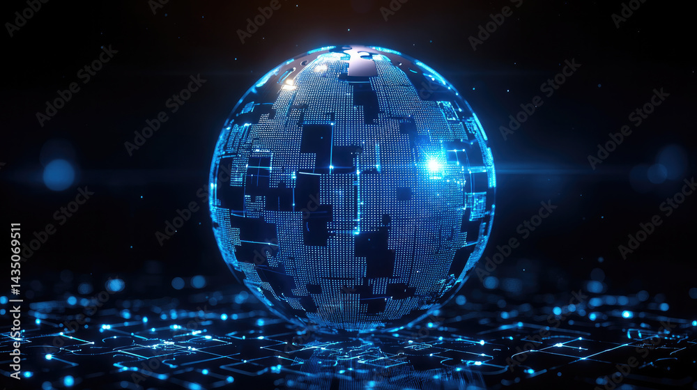 Poster Futuristic digital sphere glowing blue technology cyber abstract data network modern innovation energy floating above illuminated grid