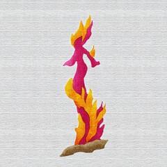 Obraz premium Abstract Woman in Flames Pink, Orange, and Yellow Figure on Gray Textured Background