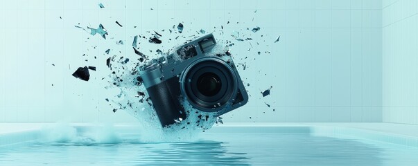 An artistic representation of a camera splashing into water for creative imagery.