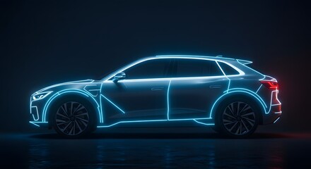 Electric Car Design with Neon Glowing Outline on Dark Background