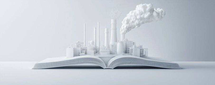 An artistic representation of a cityscape emerging from an open book, symbolizing growth.