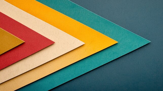 Abstract image of layered textured paper triangles in muted warm and cool tones against a dark blue background. The triangles create a dynamic, geometric pattern with a retro feel.