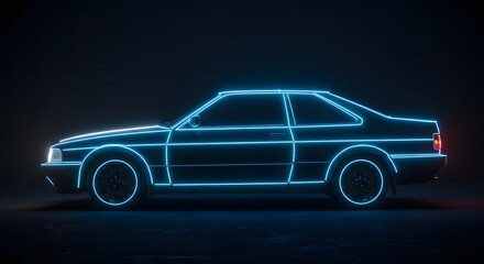 Fototapeta premium Futuristic Car with Neon Lights Outlining Design on Dark Background