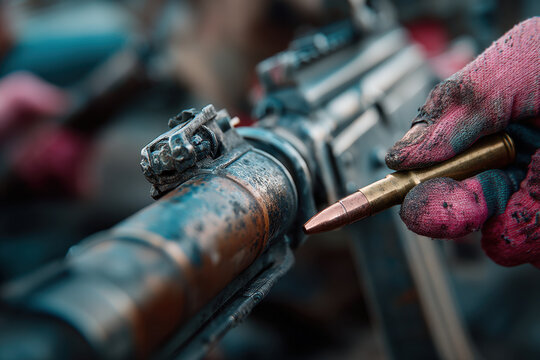 Person holding handgun with bullet in hand, tense expression..mutex