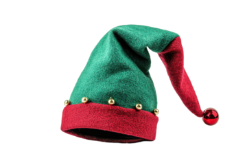 Playful red and green elf hat with bells isolated on white background brings holiday magic to designs