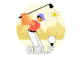 Golf Sport Vector Illustration Featuring Flags, Golf Cart, Clubs, Green Field, and Sand Bunker for Outdoor Fun and Active Lifestyle in Background