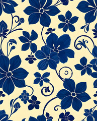 Abstract indigo florals with geometric flow form a seamless pattern.