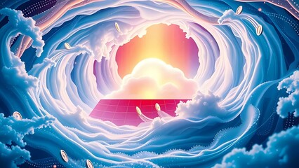 Obraz premium A surreal landscape filled with clouds, sunlight, swirling energy, a magical atmosphere, and a captivating fantasy vibe
