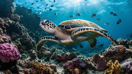 Obraz premium Hawksbill turtle swimming over coral reef tropical ocean underwater photography vibrant environment marine life perspective