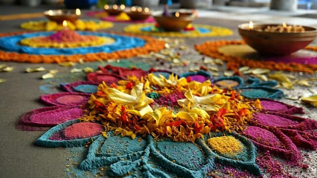 Colorful Rangoli Design: A vibrant and intricate rangoli design, made with colored powders and flower petals, decorates a pathway during a celebration.
