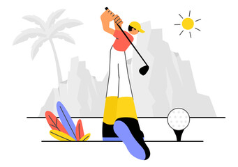 Golf Sport Vector Illustration Featuring Flags, Golf Cart, Clubs, Green Field, and Sand Bunker for Outdoor Fun and Active Lifestyle in Background