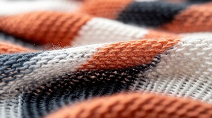 A close-up view of a textured knitted fabric featuring a blend of orange, white, and black colors, showcasing intricate patterns and soft fibers.