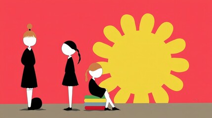 Joyful Schoolgirls  Books  Sun  Minimalist Illustration  Education  Childhood  Happiness