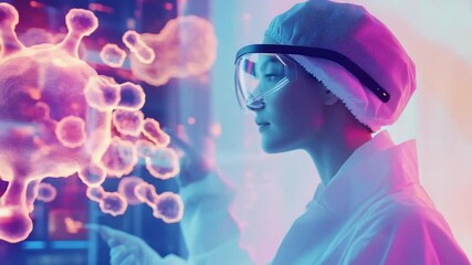 Futuristic scientist analyzes virus under a digital interface with pink and blue lighting - Powered by Adobe