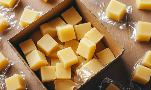 A box filled with yellow soap cubes, exuding a clean and fresh vibe.