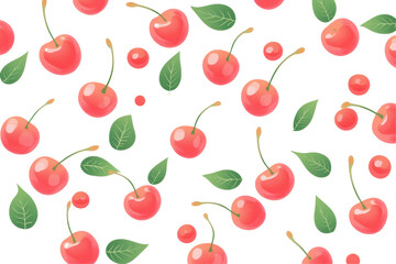 Flat view of red cherries arranged in a pattern creates a bold design on white background