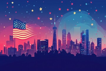 Fototapeta premium flat design poster for USA Independence Day, star-studded background, waving American flag, clean layout