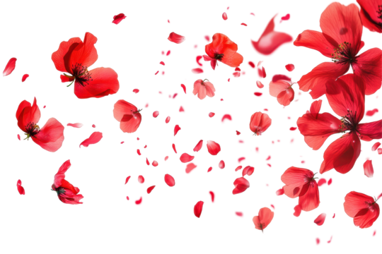 Red flowers and petals flying in the air create a dynamic and graceful visual on white - Powered by Adobe