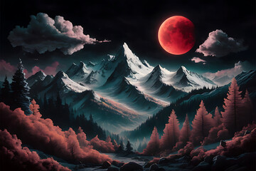 Fantasy Mountain Landscape with Red Moon and Snowy Peaks Surreal Night Nature Scene