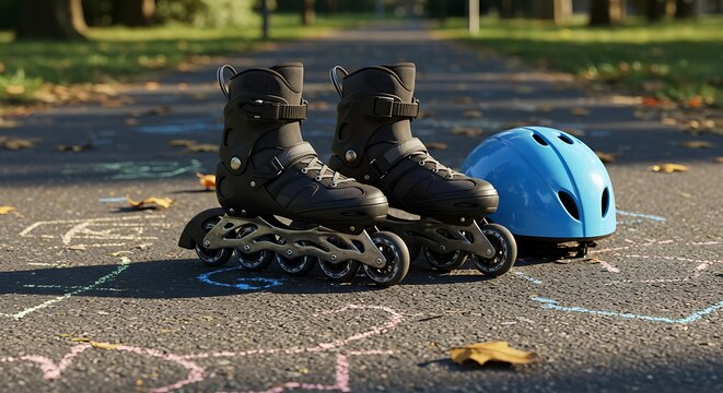 Inline Skates and Helmet on Pathway Ready for Rolling