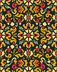 Colorful batik-inspired florals with bold textures create a seamless pattern.