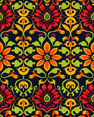 Colorful batik-inspired florals with bold textures create a seamless pattern.