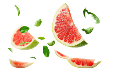 Naklejka premium Red pomelo with half slices falling or floating brings freshness and motion to your fruity visual concept