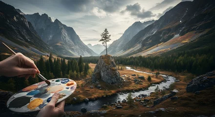 Fotobehang Artist painting a majestic mountain valley landscape on canvas creating breathtaking autumn scenery artwork © Nur