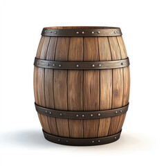 Obraz premium Large brown wooden barrel with metal bands, rustic texture, isolated on white background, classic storage container, vintage style, evokes nostalgia and simplicity