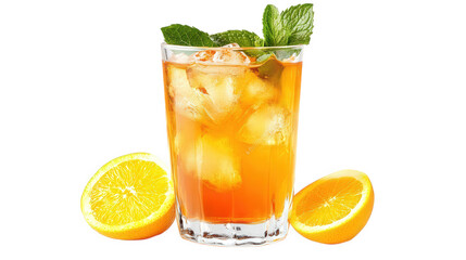 refreshing glass of iced tea or a similar beverage. filled with ice cubes and garnished with fresh mint leaves two halved oranges are placed beside the glass. enhancing the drink's citrus appeal the b