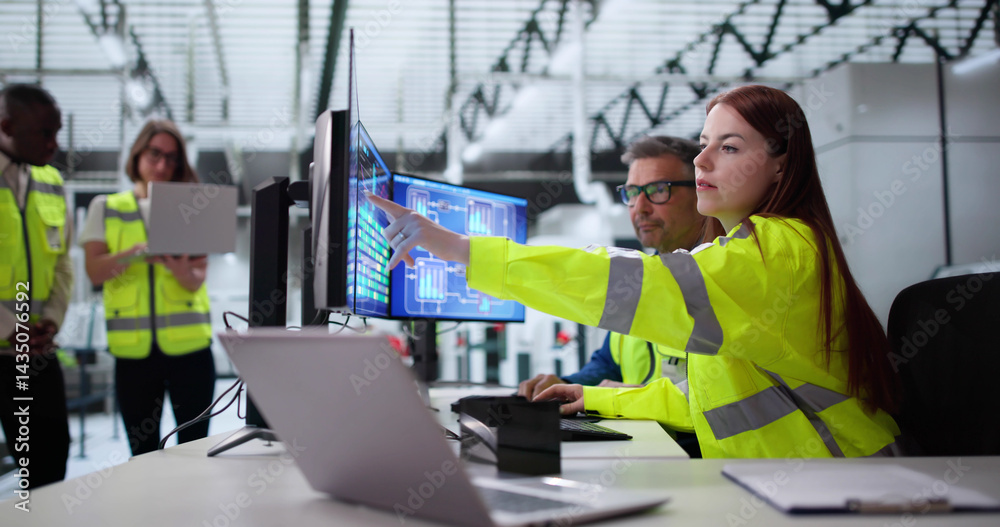 Poster engineer operator monitors scada system at industrial plant