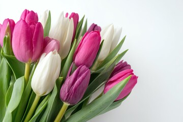 Fototapeta premium Tulip Flowers Arrangement With Pink and White Blossoms on Clean White Background