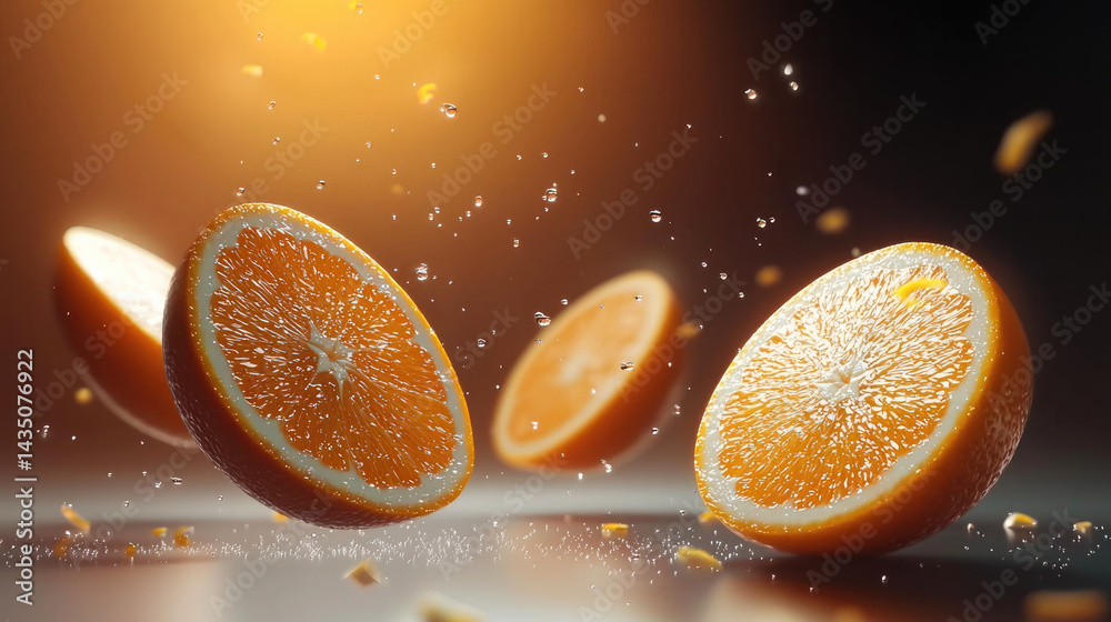 Poster Fresh orange slices float in midair with vibrant juice droplets and zest, illuminated by warm light, creating dynamic and refreshing scene