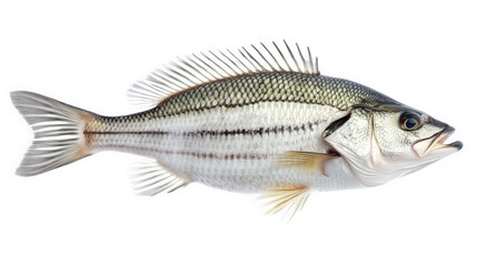 a fresh striped bass. showcasing its streamlined body. distinct horizontal stripes. and detailed fins. ideal for educational purposes or culinary references