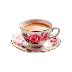 Fototapeta premium Pink floral design cup and plate with milk tea on transparent background