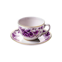 Purple floral design empty cup and plate on transparent background