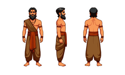 Indian man character model sheet front to back all view