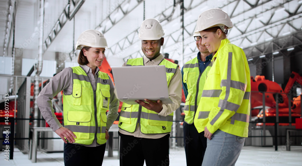 Poster diverse automation engineers inspect car factory