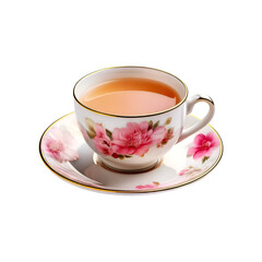 Fototapeta premium Floral design ceramic cup and plate of milk tea on transparent background