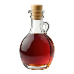 glass bottle filled with a rich. dark liquid. likely syrup or oil. with a wooden stopper the bottle's elegant design suggests it is used for serving or storing a culinary ingredient. enhancing dishes