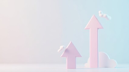 Pastel Pink Arrows Ascending with Clouds Growth Concept 3D Render