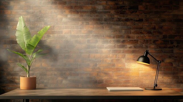A cozy workspace featuring a potted plant and a desk lamp against a rustic brick wall, creating a warm and inviting atmosphere. - Powered by Adobe