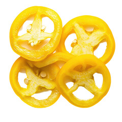 Slices of yellow pepper arranged on a Transparent background for culinary presentation and decoration, yellow pepper slices isolated on PNG background