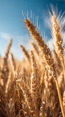 Fototapeta premium Golden Wheat Stalks Against Blue Sky, Ripe Grain Harvest, Agriculture Crop Field