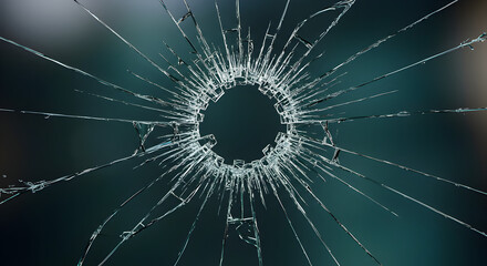 Cracked Glass with a Radial Fracture Pattern on a Dark Blurred Background Showing Impact and Structural Damage