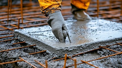 Construction Worker Smoothing Concrete on Reinforced Grid