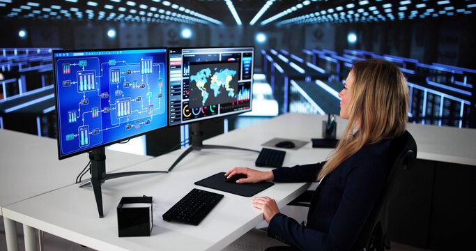 Woman Wearing A Helmet Using Scada System