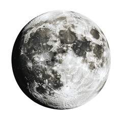Naklejka premium Stunning view of the full moon isolated on a Transparent background highlighting its detailed surface, moon isolated on PNG background