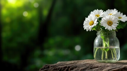 Delicate white daisies in a glass jar, nestled on a rustic wooden stump, bathed in natural light, amidst a lush green forest backdrop