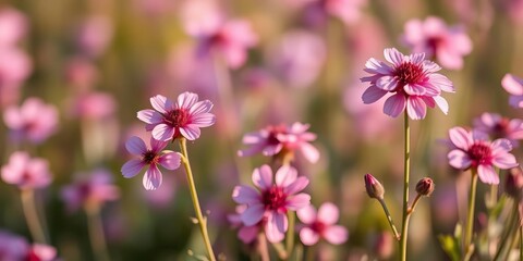 Soft focus pink & purple wildflowers blooming in spring, bokeh background,  texture, image